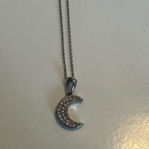 Silver Silver & Diamond Crescent Moon Pendant Necklace 16-18 “